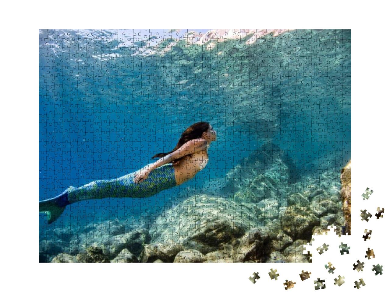 Black Hair Mermaid Swimming Underwater in the Deep Blue S... Jigsaw Puzzle with 1000 pieces