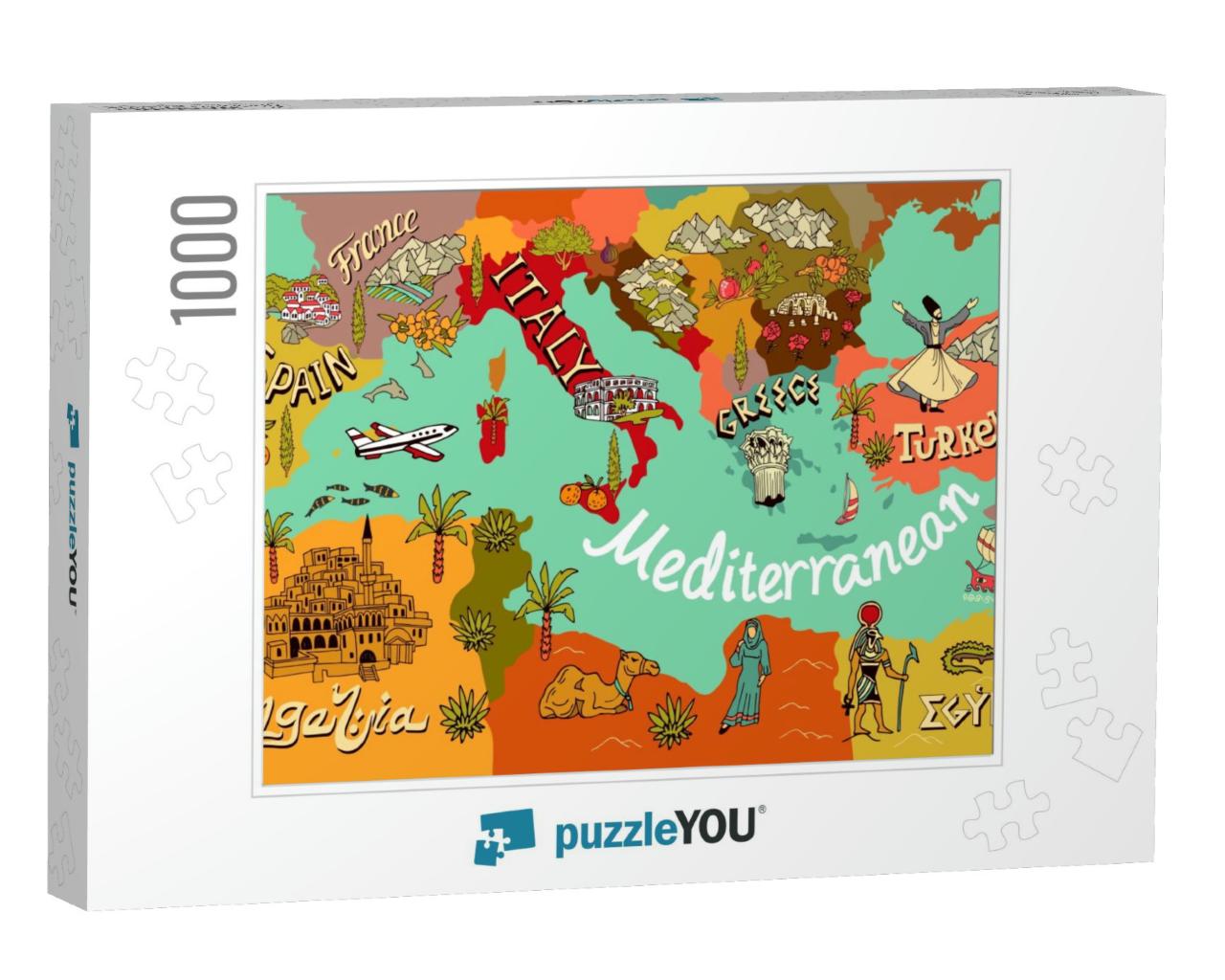 Illustrated Map of Mediterranean. Travel & Attractions... Jigsaw Puzzle with 1000 pieces