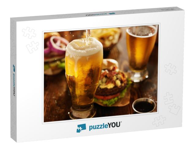 Beer Being Poured Into Glass with Gourmet Hamburgers... Jigsaw Puzzle