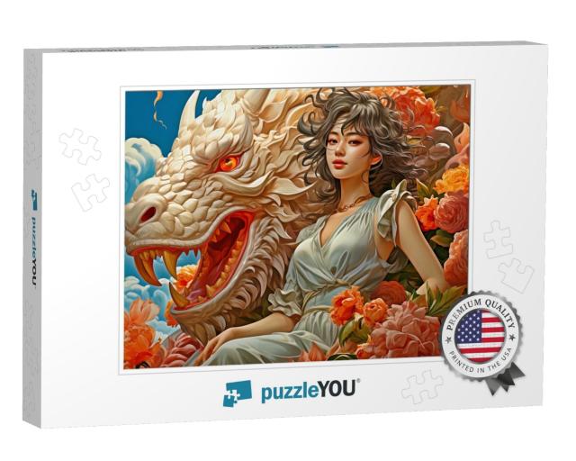 Dragon Girl in the Protection of Her Fierce Companion Jigsaw Puzzle
