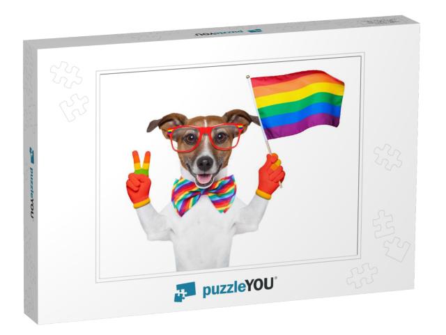 Gay Pride Dog Waving a Rainbow Flag... Jigsaw Puzzle