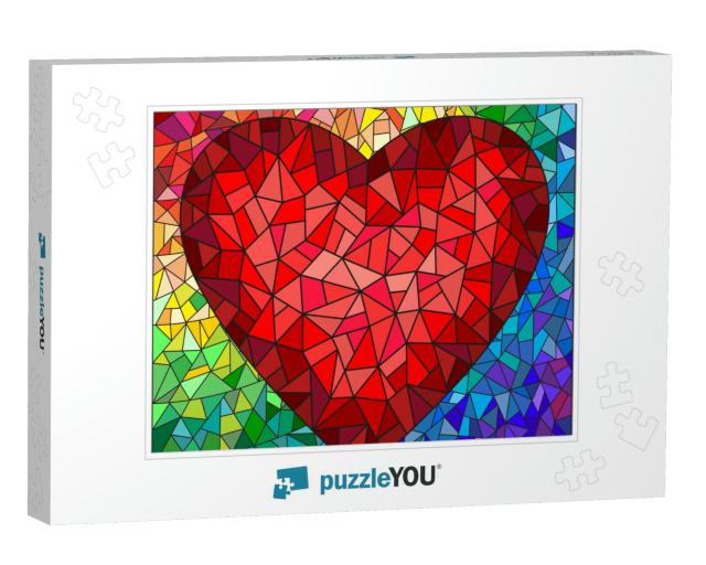 Illustration in Stained Glass Style with Red Heart on the... Jigsaw Puzzle