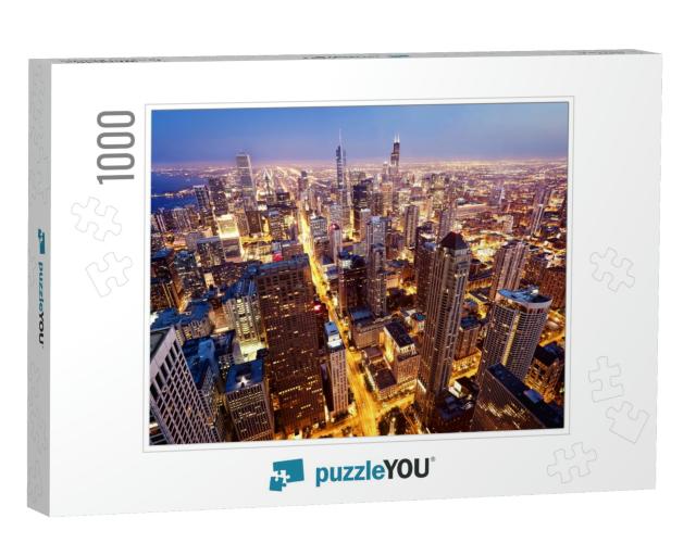 City of Chicago. Aerial View of Chicago Downtown At Twili... Jigsaw Puzzle with 1000 pieces