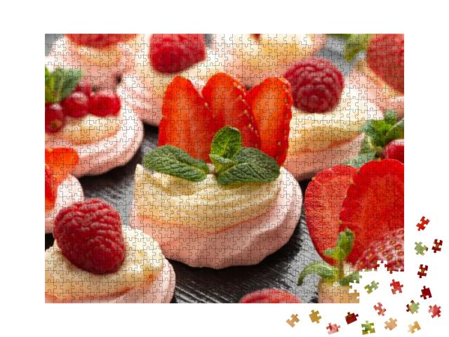Fruit Meringue Cake Pavlova with Fresh Berries Decorated... Jigsaw Puzzle with 1000 pieces