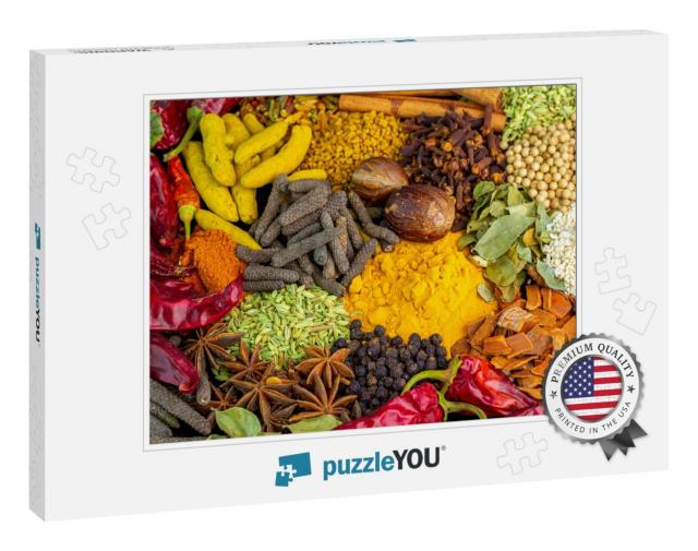 Various Spices, Peppers & Herbs Close-Up Top View. Easter... Jigsaw Puzzle