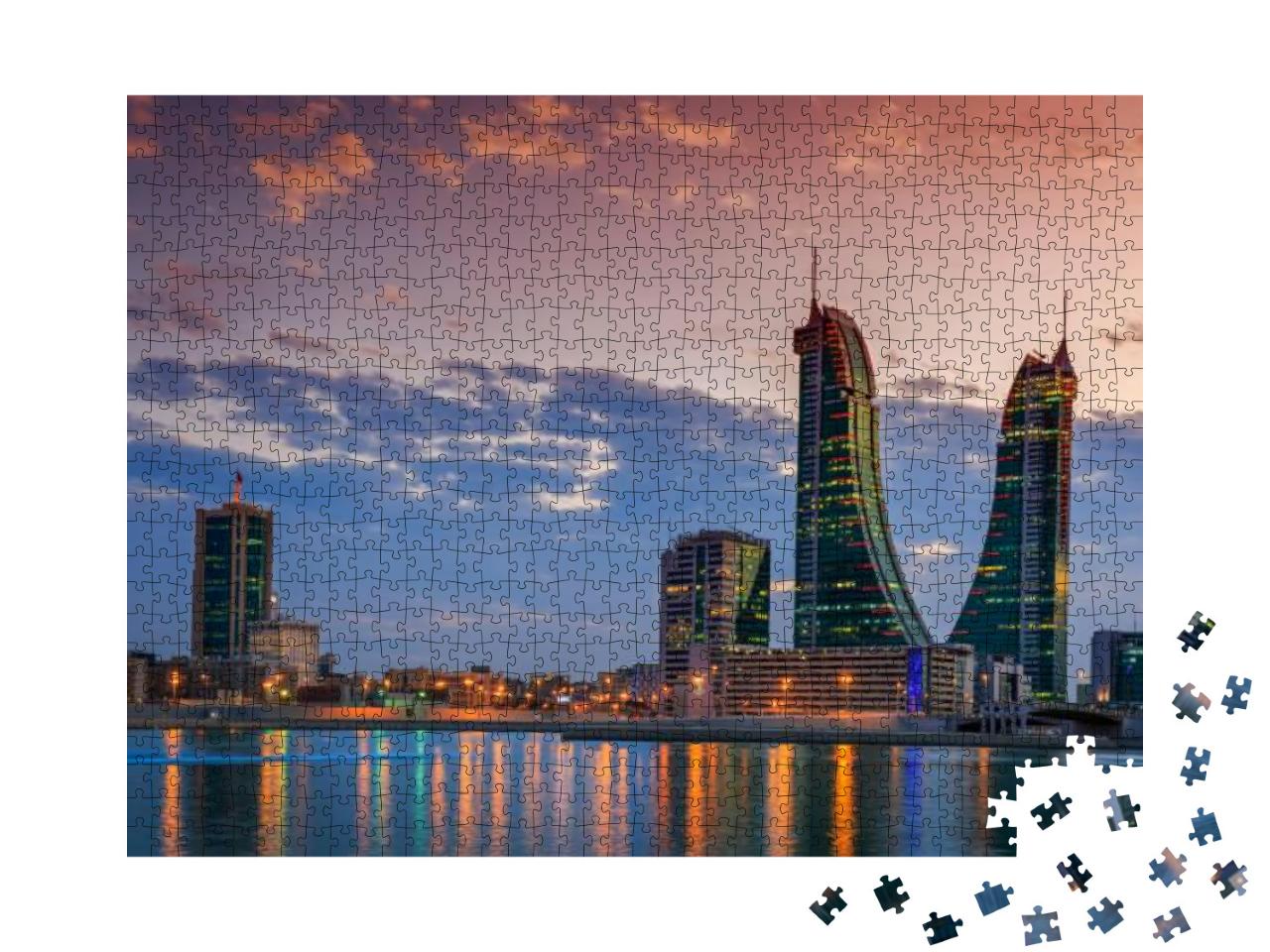 Beautiful Sky & Bahrain Skyline with Reflection After Dus... Jigsaw Puzzle with 1000 pieces