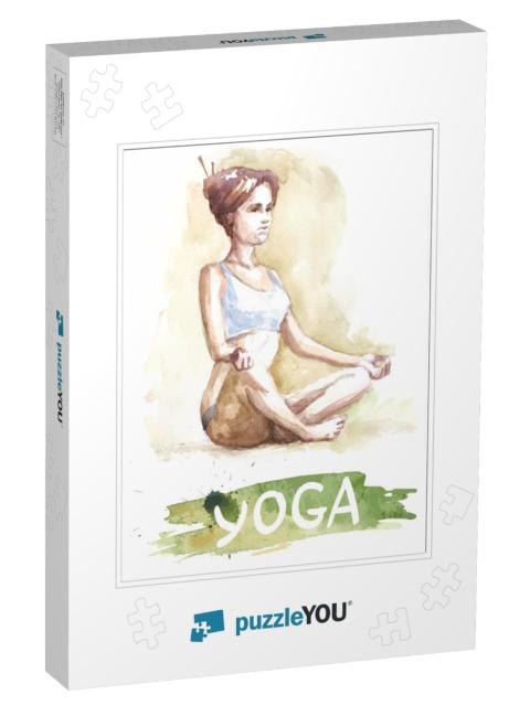 Watercolor Yoga Girl, Banner for School... Jigsaw Puzzle