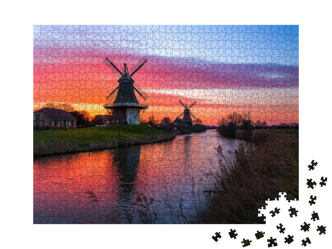 The Famous Twin Mills of Greetsiel, East Frisia At Sunris... Jigsaw Puzzle with 1000 pieces