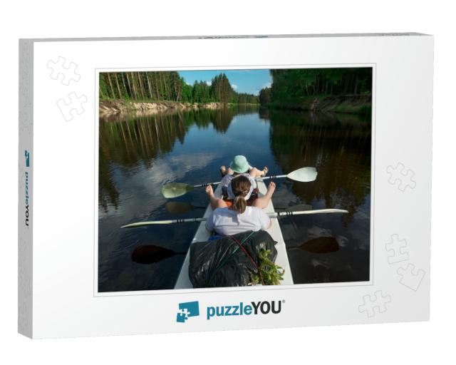 On Kayak Rafting on River Two Girls Relax Oars on Kayak A... Jigsaw Puzzle