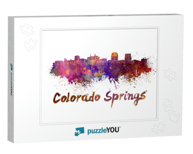 Colorado Springs Skyline in Watercolor Splatters with Cli... Jigsaw Puzzle