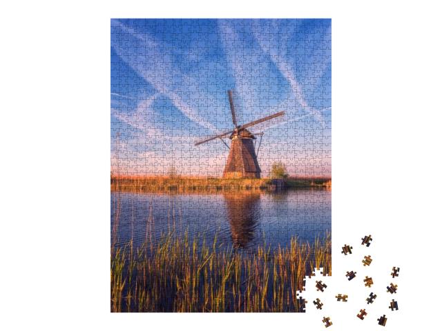 Scenic Sunset Landscape with Windmill, Blue Sky & Reflect... Jigsaw Puzzle with 1000 pieces