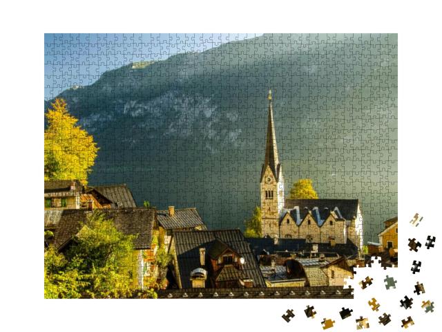 Sunset View of Hallstatt Hallstadt with Blue Sky Above, A... Jigsaw Puzzle with 1000 pieces