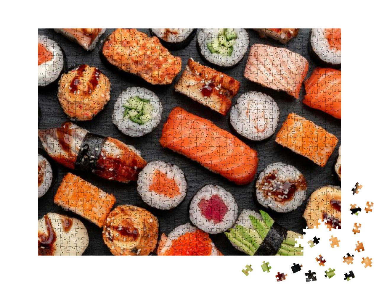 Assorted Sushi Nigiri & Maki Big Set on Slate. a Variety... Jigsaw Puzzle with 1000 pieces