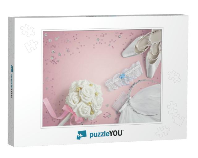 Wedding Accessories on a Pink Background with Copy... Jigsaw Puzzle