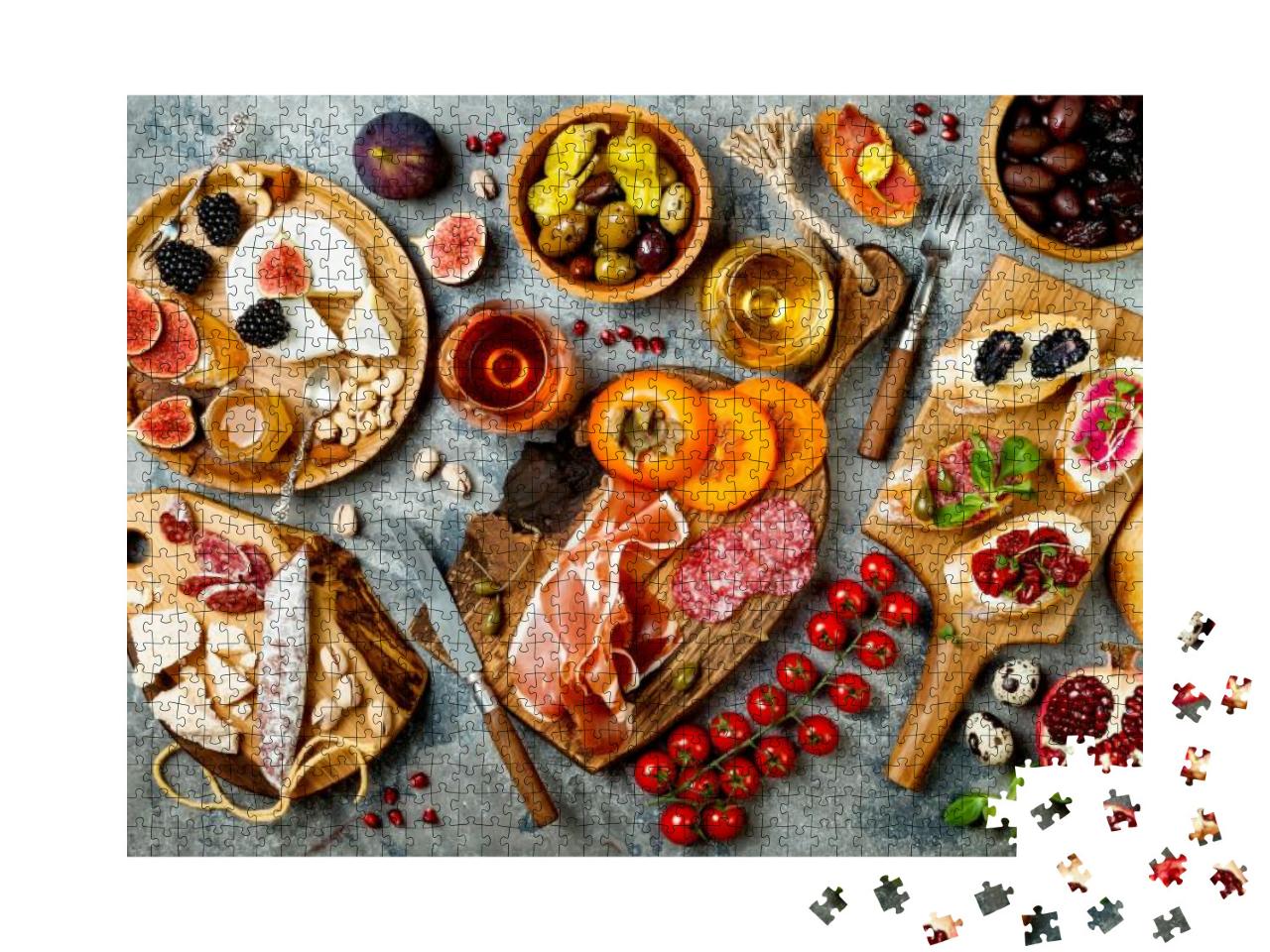 Appetizers Table with Italian Antipasti Snacks & Wine in... Jigsaw Puzzle with 1000 pieces