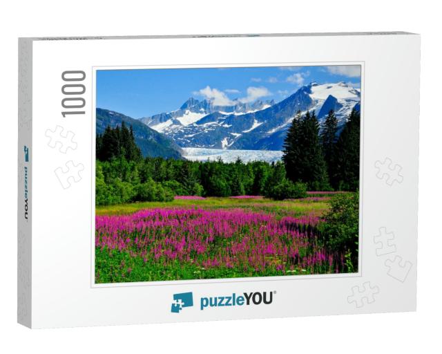 Mendenhall Glacier Viewpoint with Fireweed in Bloom... Jigsaw Puzzle with 1000 pieces