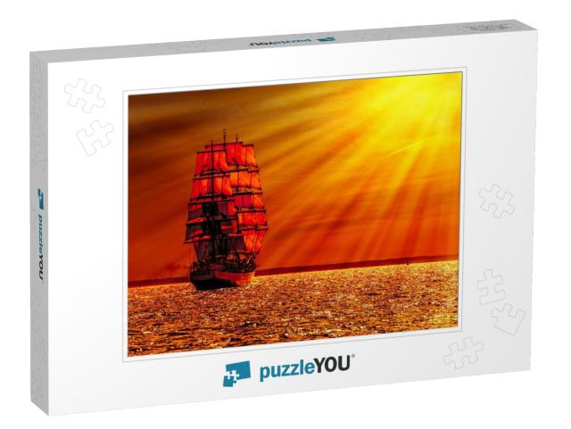 Sailing Ship on the Sea At Sunset Skyline... Jigsaw Puzzle