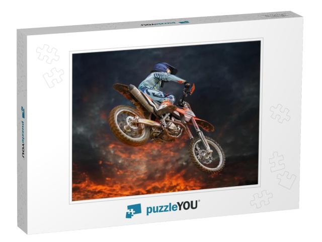 Jumping Motocross Rider with Firestorm in the Background... Jigsaw Puzzle