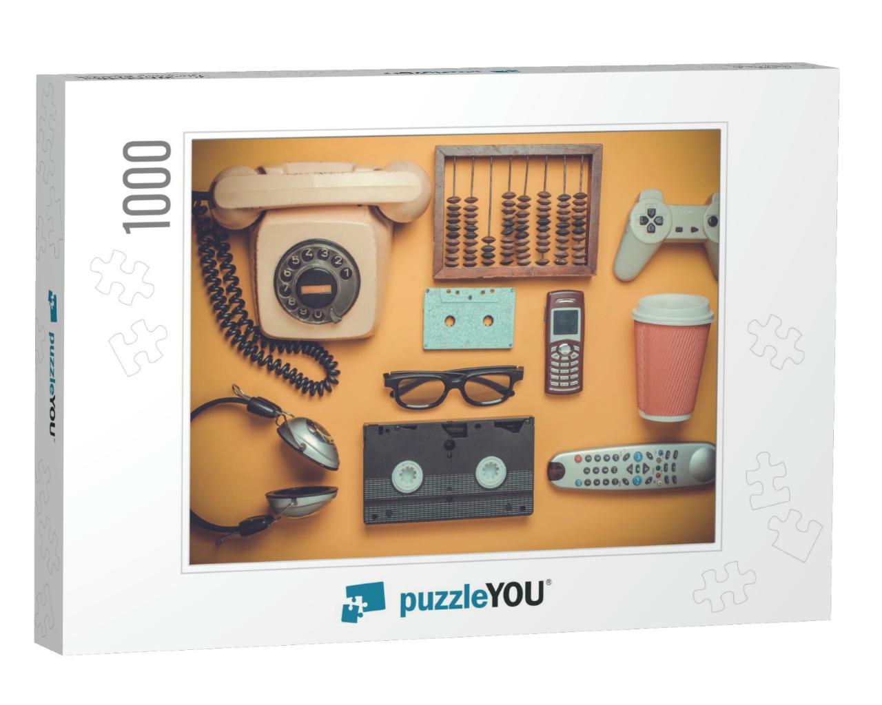 Retro Objects on a Yellow Background. Rotary Telephone, A... Jigsaw Puzzle with 1000 pieces