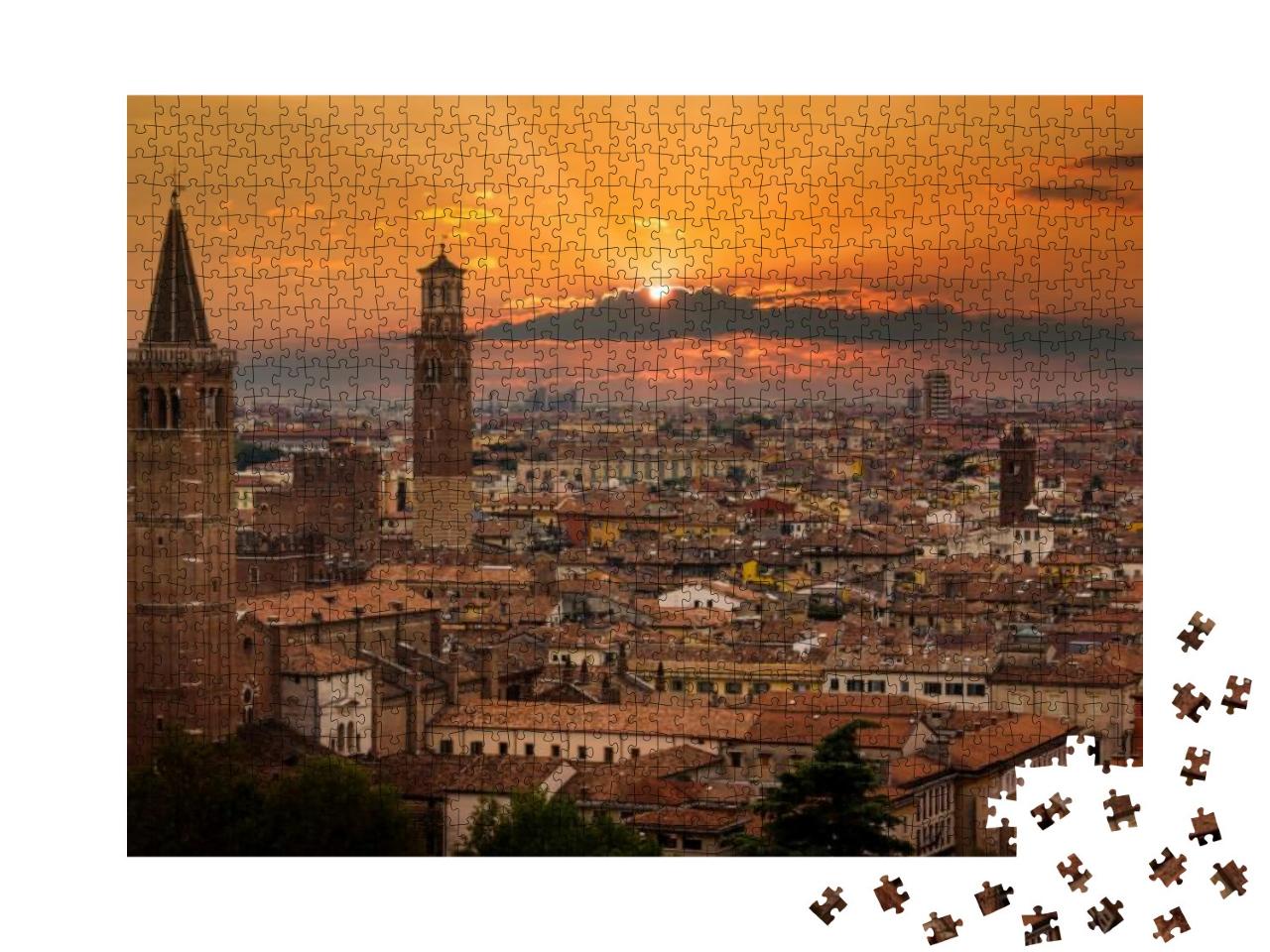 View of Verona. Orange Sunset & Beautiful Sun. Italy... Jigsaw Puzzle with 1000 pieces