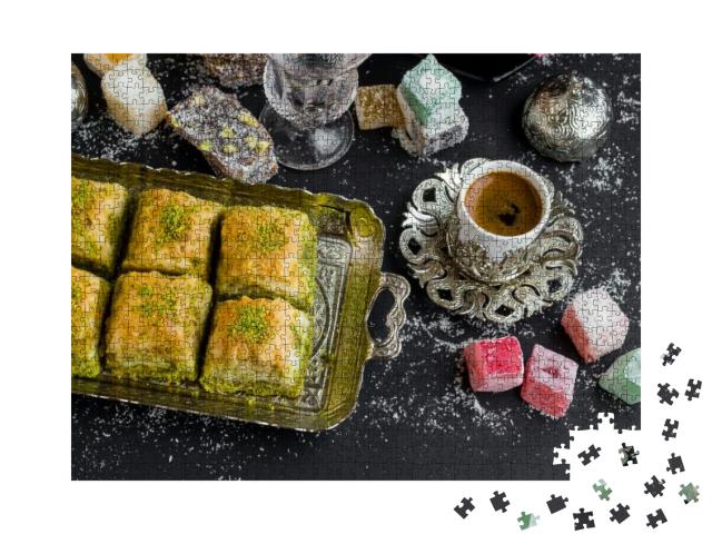 Traditional Turkish Pastry Pistachio Baklava, on Vintage... Jigsaw Puzzle with 1000 pieces