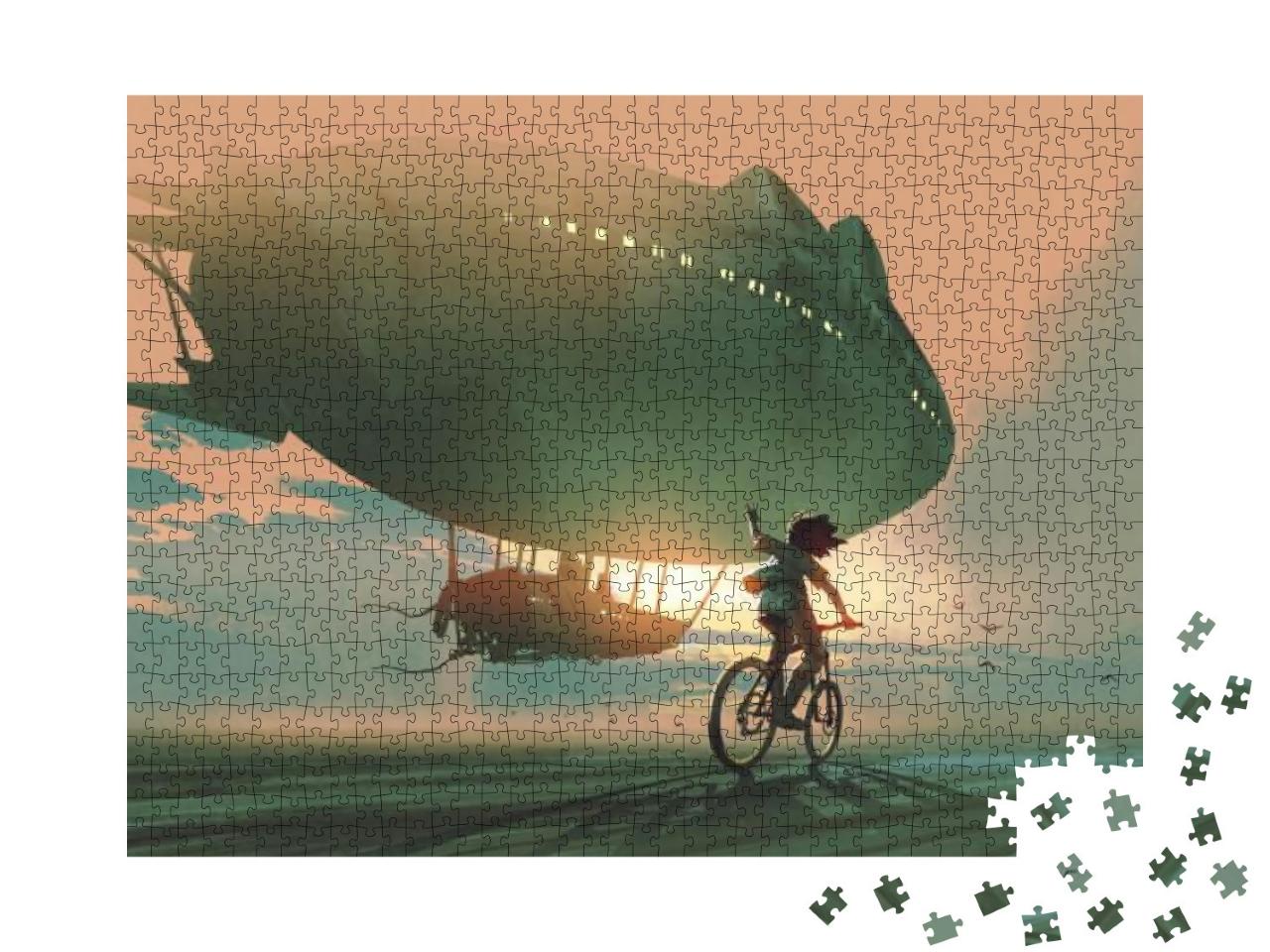 Kid Rides a Bicycle Waving Good Bye to the Airship At Sun... Jigsaw Puzzle with 1000 pieces