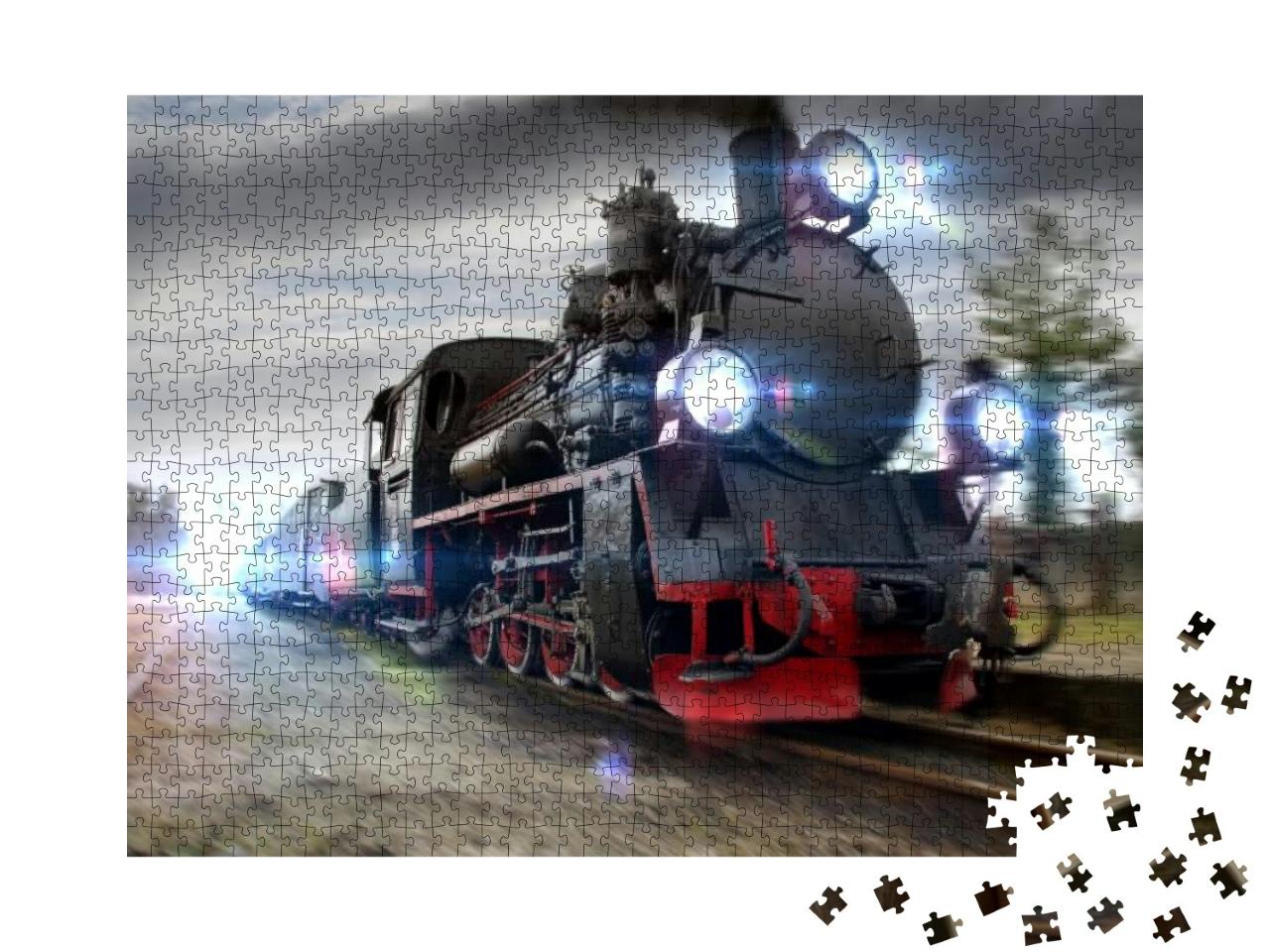 A Rushing Steam Locomotive. Moved Picture of Retro Train... Jigsaw Puzzle with 1000 pieces
