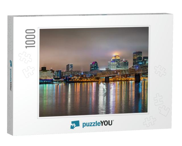 Night Skyline of Louisville, Kentucky Over the Ohio River... Jigsaw Puzzle with 1000 pieces