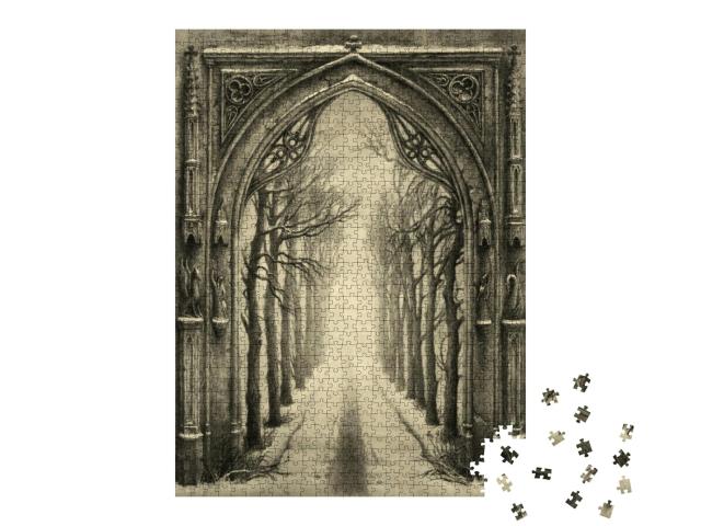 Classic Gothic Arch with a Tree Alley Behind, Acrylic on... Jigsaw Puzzle with 1000 pieces