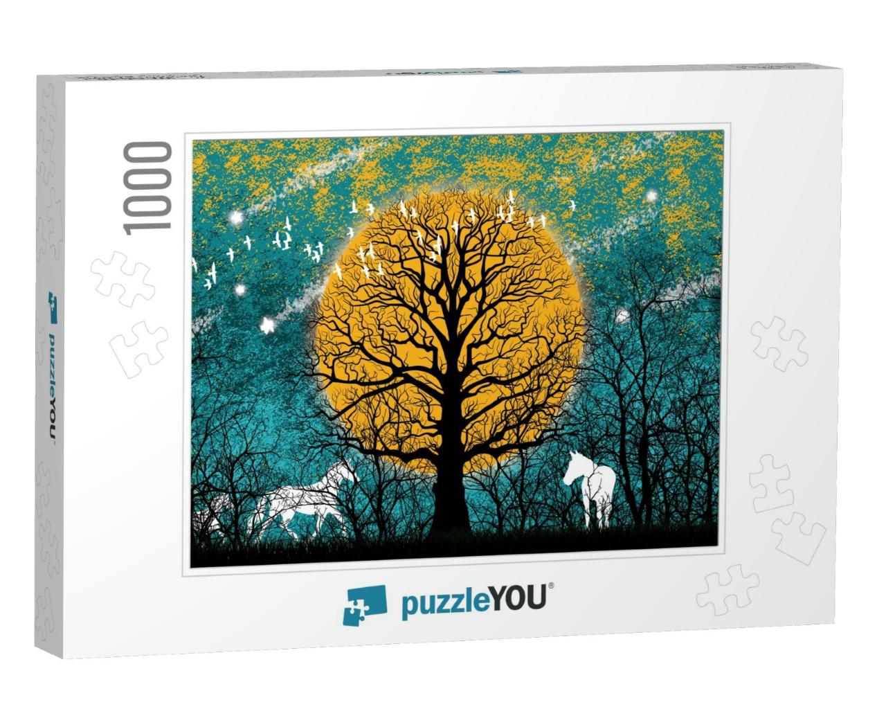 3D Illustration of Forest & White Horse. Luxurious Abstra... Jigsaw Puzzle with 1000 pieces