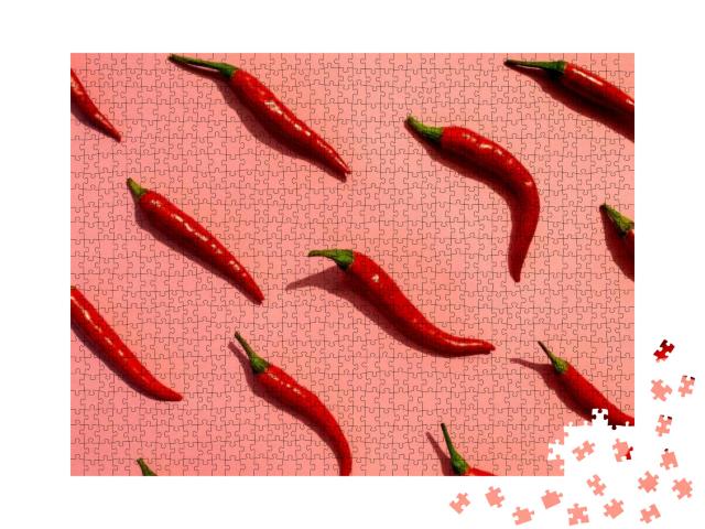 Red Chili Peppers Pattern on Pink Background. Top View. H... Jigsaw Puzzle with 1000 pieces
