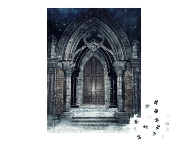 Snowy Scene with a Stone Gothic Gate At Night. 3D Illustr... Jigsaw Puzzle with 1000 pieces