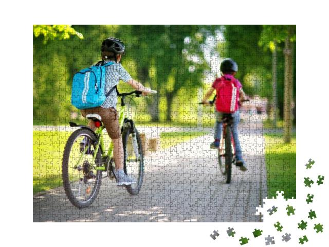 Children with Rucksacks Riding on Bikes in the Park Near... Jigsaw Puzzle with 1000 pieces