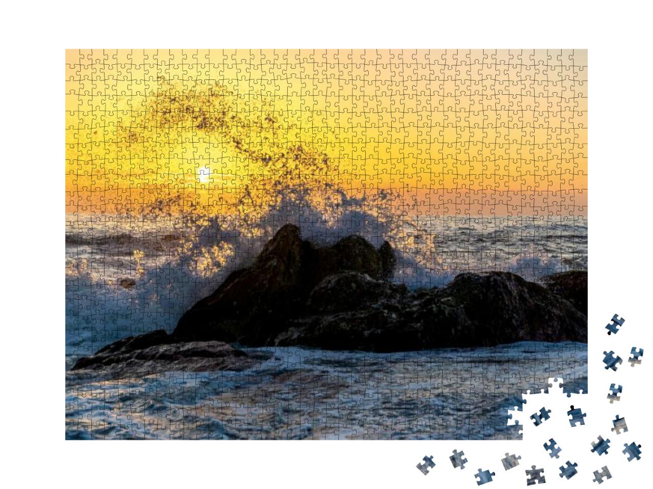 Waves of the Atlantic Ocean Crashing Against a Rock At Su... Jigsaw Puzzle with 1000 pieces