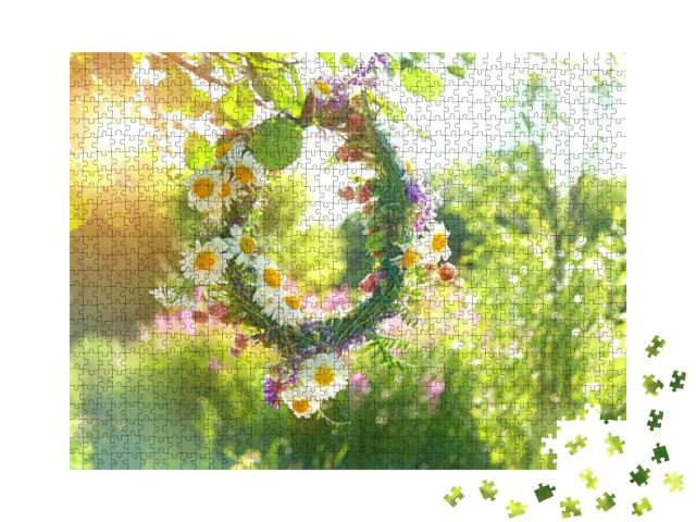 Wreath of Wild Meadow Flower in Summer Garden. Summer Sol... Jigsaw Puzzle with 1000 pieces