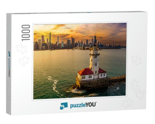 Chicago Harbor Light House Sunset... Jigsaw Puzzle with 1000 pieces