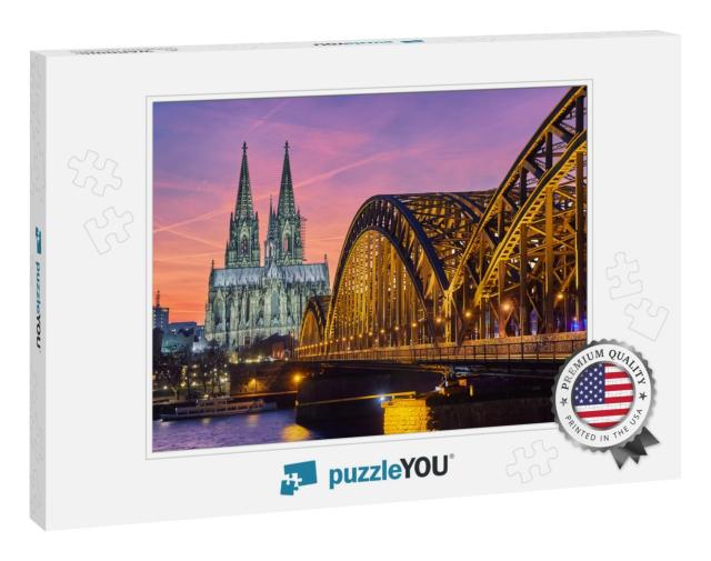 Cologne Cathedral & Hohenzollern Bridge At Sunset / Night... Jigsaw Puzzle