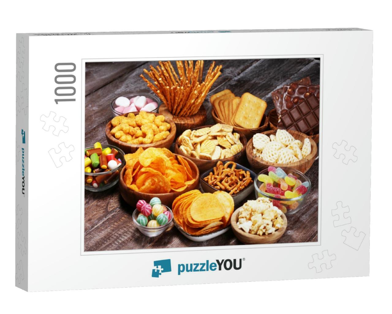 Salty Snacks. Pretzels, Chips, Crackers in Wooden Bowls... Jigsaw Puzzle with 1000 pieces