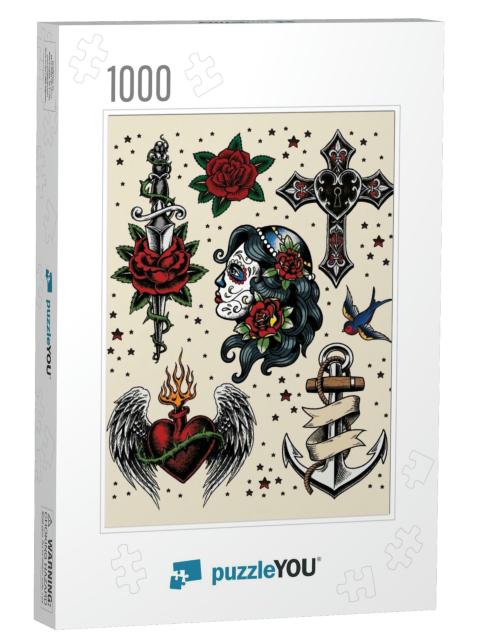 Tattoo Flash Illustration Set... Jigsaw Puzzle with 1000 pieces