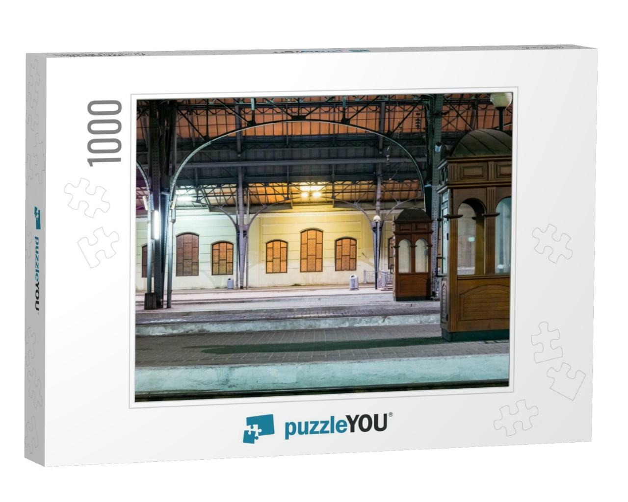 Passenger Platform At Night on the Railway Station. Train... Jigsaw Puzzle with 1000 pieces