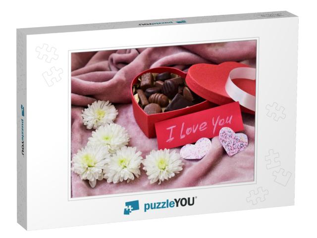 Chocolate Candies in the Red Heart Shaped Box, White Natu... Jigsaw Puzzle