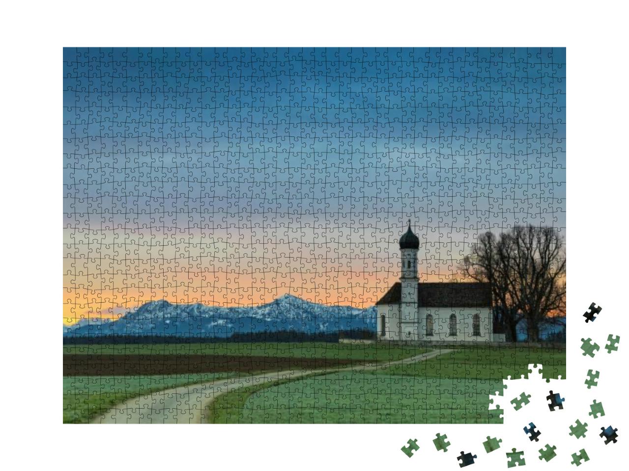 Sunrise Over Old Chapel in Green Field with Alps Mountain... Jigsaw Puzzle with 1000 pieces
