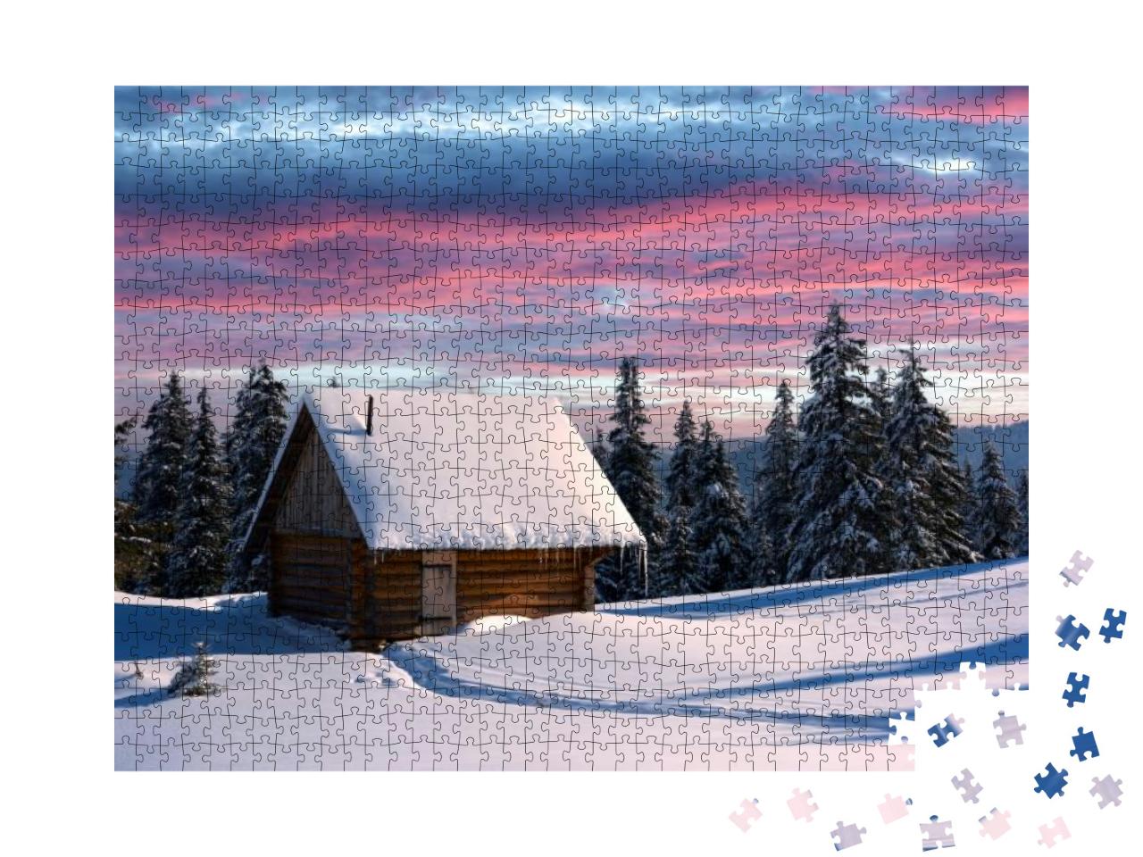Fantastic Winter Landscape with Wooden House in Snowy Mou... Jigsaw Puzzle with 1000 pieces