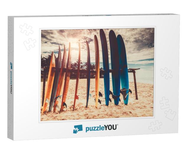 Surfboards, Many Different Surf Boards on the Beach, Wate... Jigsaw Puzzle