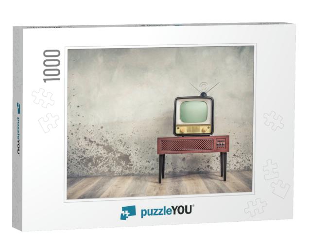 Old Retro Classic Analog Crt Tv Set Receiver & Aged Woode... Jigsaw Puzzle with 1000 pieces