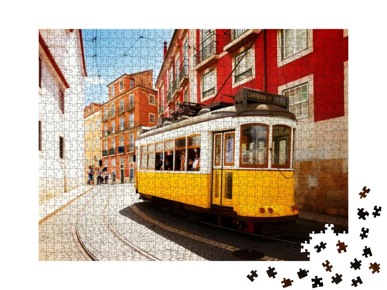 Yellow Tram on Narrow Street of Alfama District, Lisbon... Jigsaw Puzzle with 1000 pieces