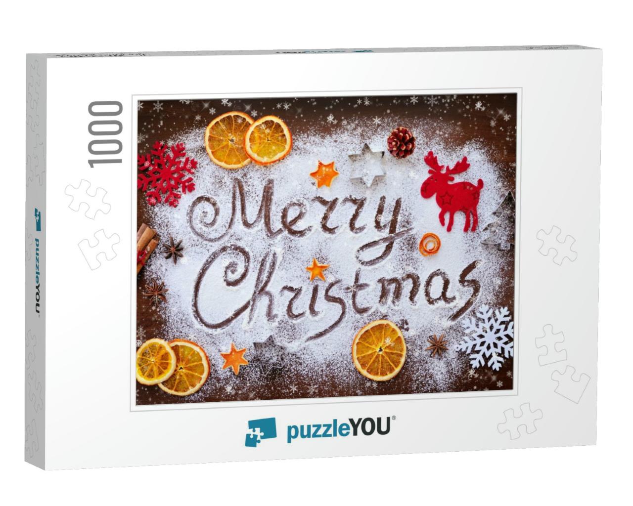 Merry Christmas Text Made with Flour with Decorations on... Jigsaw Puzzle with 1000 pieces