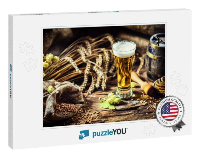 Glass of Fresh Cold Beer in Rustic Setting. Food & Bevera... Jigsaw Puzzle