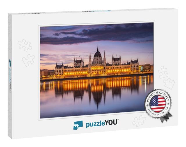 Hungarian Parliament with the Lights on from Across the D... Jigsaw Puzzle