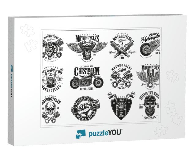Set of Vintage Custom Motorcycle Emblems, Labels, Badges... Jigsaw Puzzle